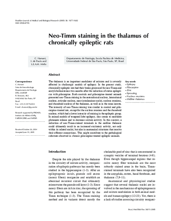 (PDF) Neo-Timm staining in the thalamus of chronically epileptic rats