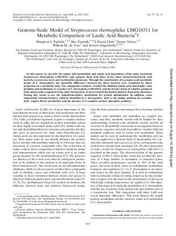 (PDF) Genome-Scale Model of Streptococcus thermophilus LMG18311 for ...