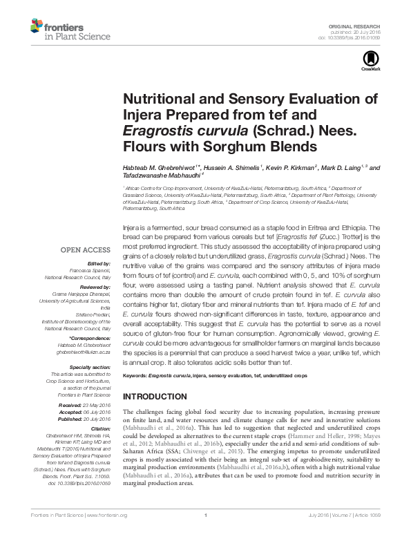 Nutritional and Sensory Evaluation of Injera Prepared from tef and Eragrostis curvula (Schrad.) Nees. Flours with Sorghum Blends