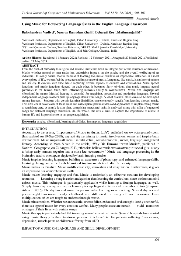 (PDF) Using Music for Developing Language Skills in the English ...