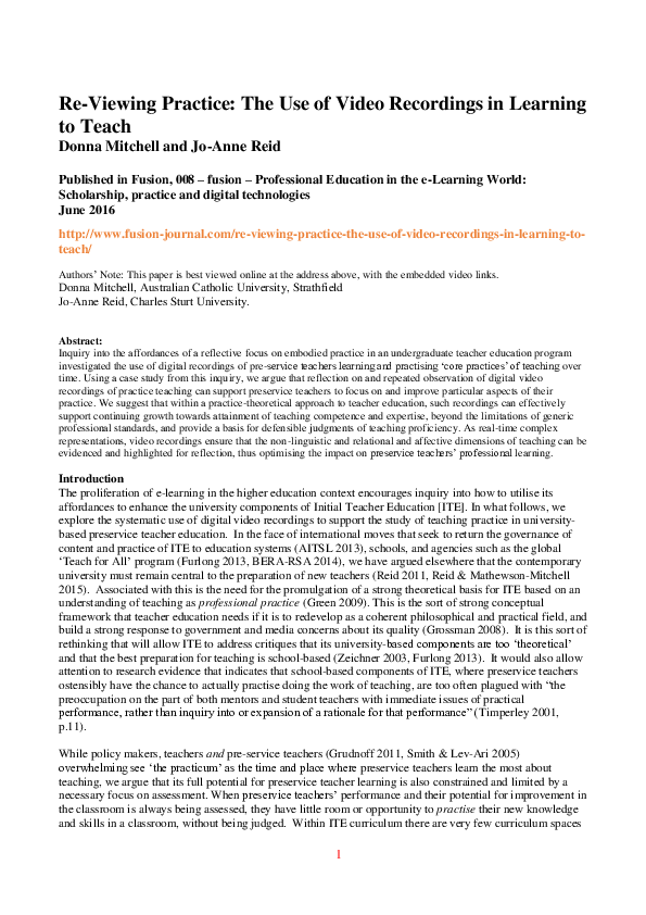 (PDF) Re-Viewing Practice: The use of Video Recordings in Learning to Teach