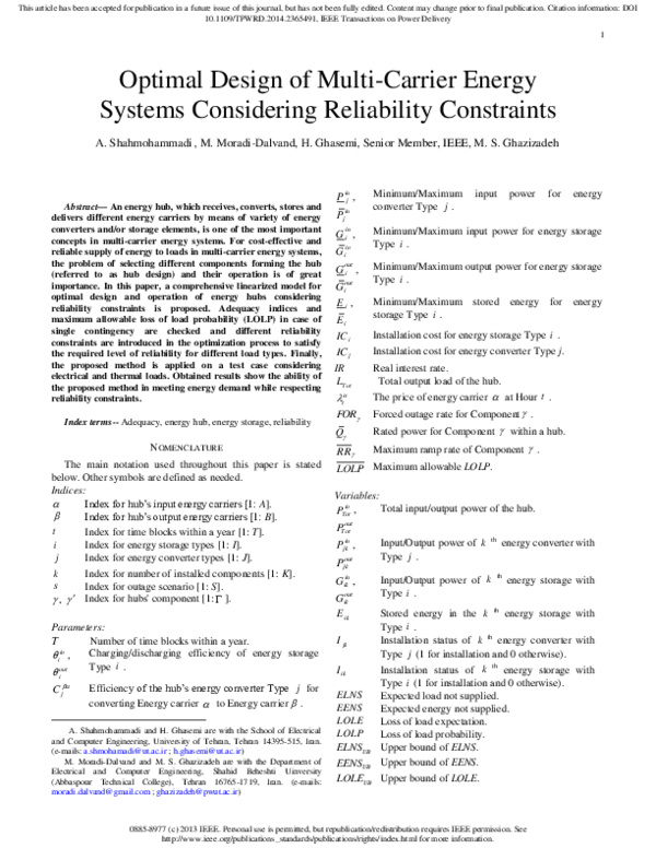 (PDF) Optimal Design of Multi-Carrier Energy Systems Considering ...