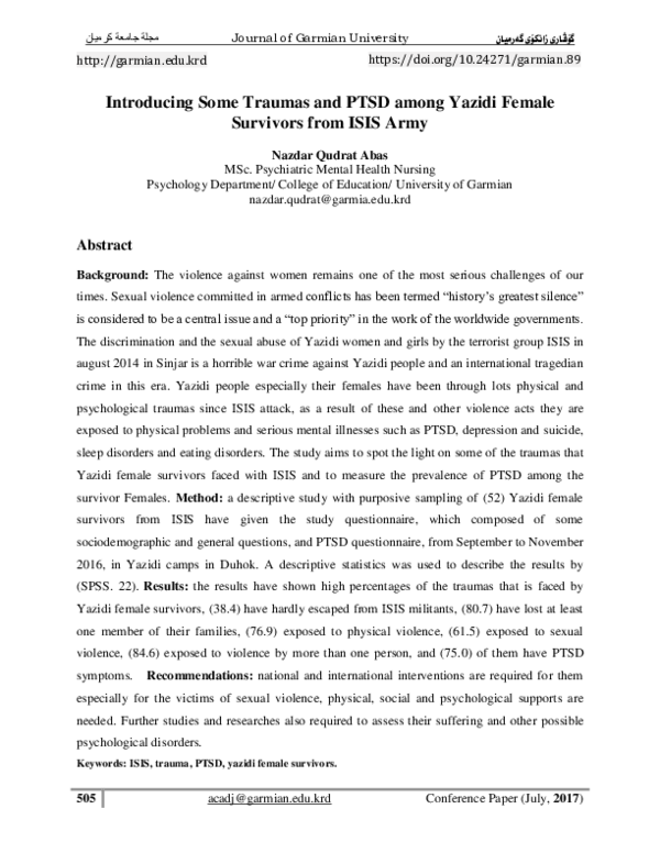 (PDF) Introducing Some Traumas and PTSD among Yazidi Female Survivors ...
