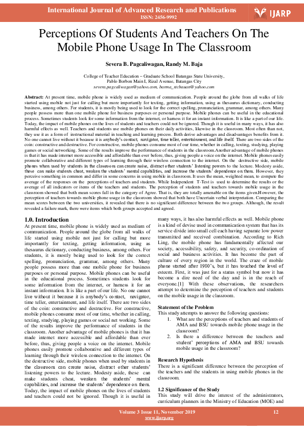 (PDF) Perceptions Of Students And Teachers On The Mobile Phone Usage In ...