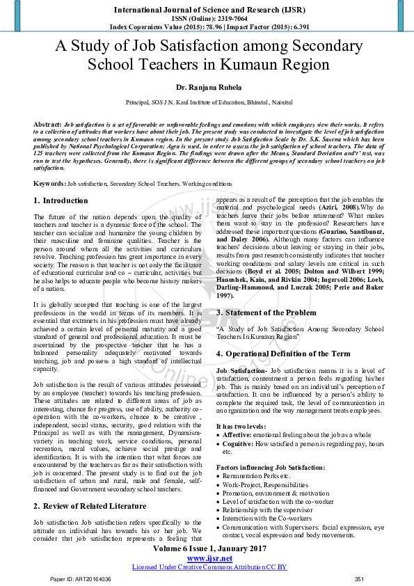(PDF) A Study of Job Satisfaction among Secondary School Teachers in ...