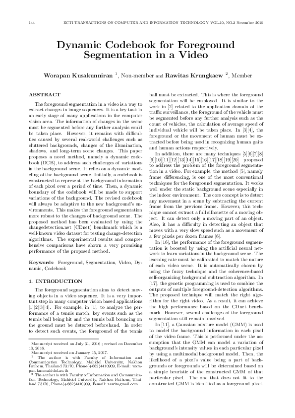 (PDF) Dynamic Codebook for Foreground Segmentation in a Video