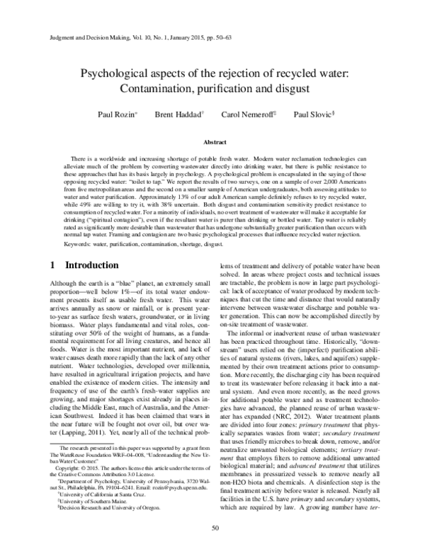 (PDF) Psychological aspects of the rejection of recycled water ...