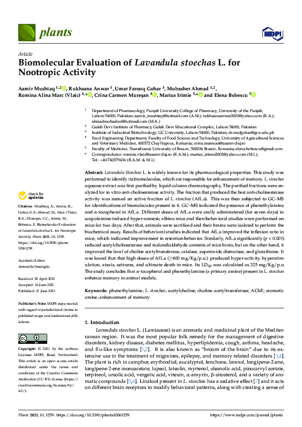 (PDF) Biomolecular Evaluation of Lavandula stoechas L. for Nootropic ...