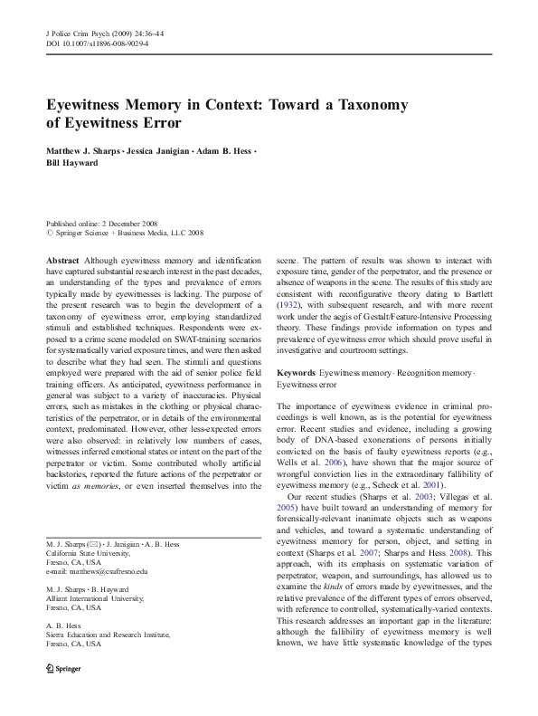 (PDF) Eyewitness Memory in Context: Toward a Taxonomy of Eyewitness Error