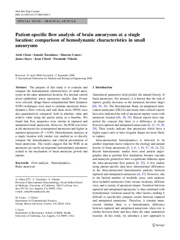 (PDF) Patient-specific flow analysis of brain aneurysms at a single ...