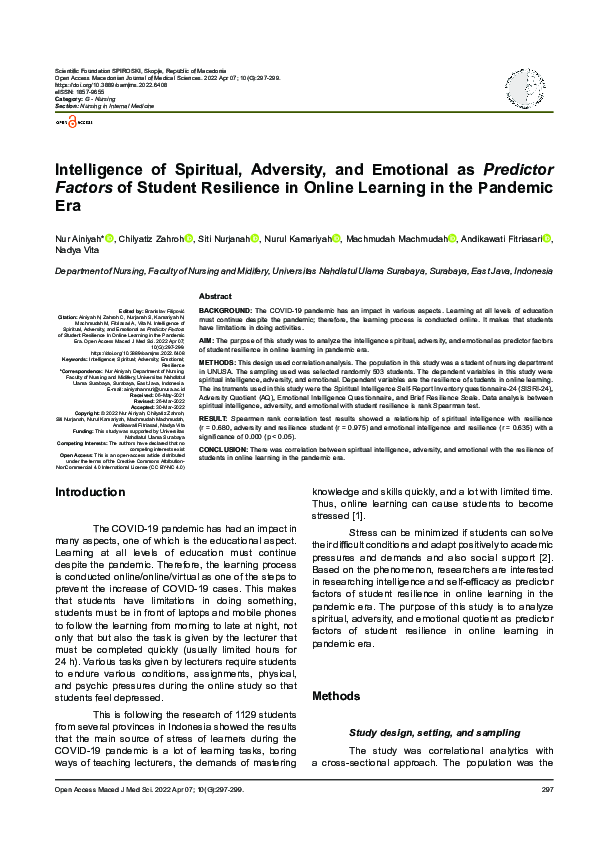 (PDF) Intelligence of Spiritual, Adversity, and Emotional as Predictor ...