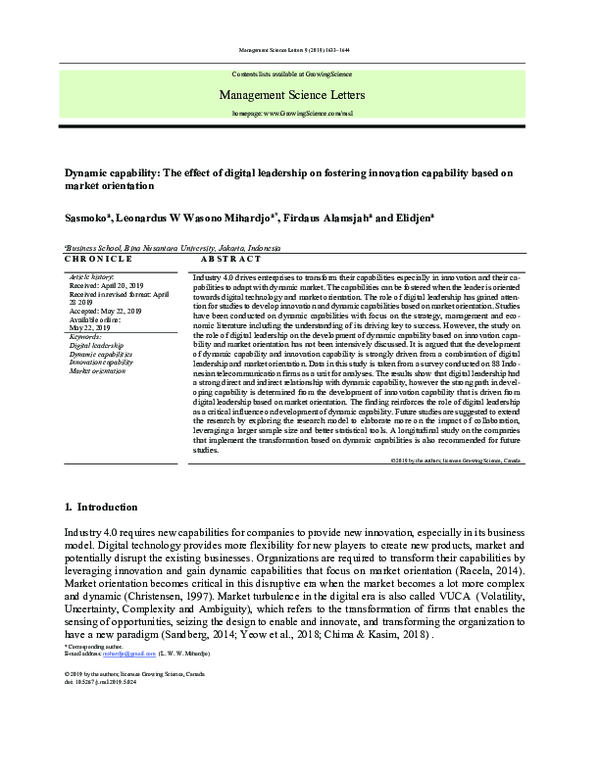 (PDF) Dynamic capability: The effect of digital leadership on fostering ...