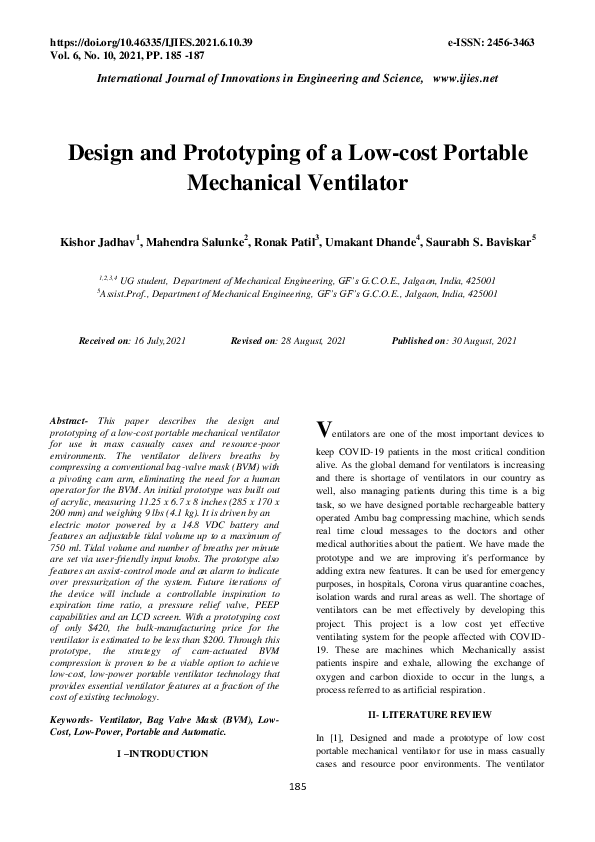 (PDF) Design and Prototyping of a Low-cost Portable Mechanical Ventilator