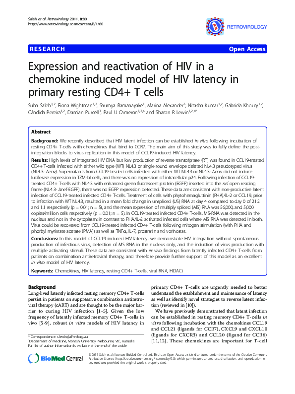 (PDF) Expression and reactivation of HIV in a chemokine induced model ...