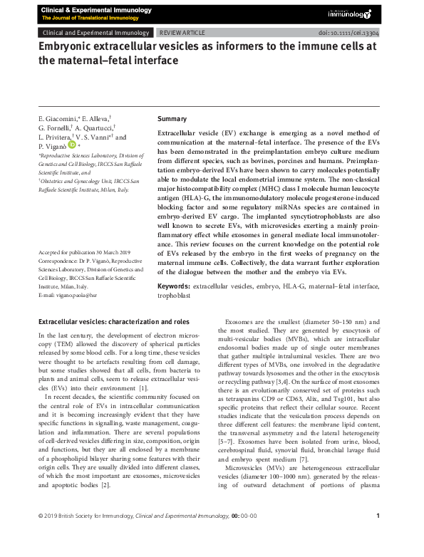 (PDF) Embryonic extracellular vesicles as informers to the immune cells ...