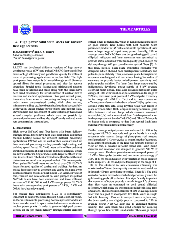 (PDF) T . 2 : High power solid state lasers for nuclear field applications