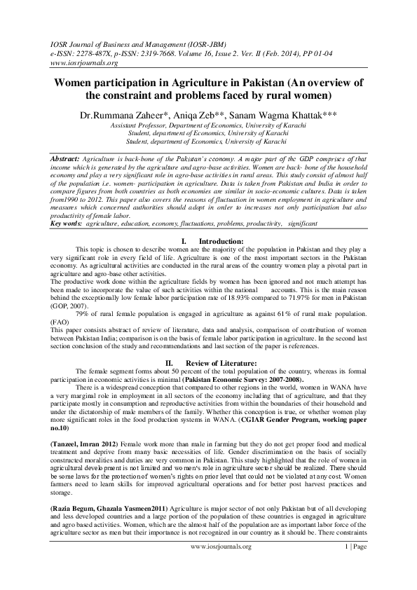 (PDF) Women participation in Agriculture in Pakistan (An overview of ...