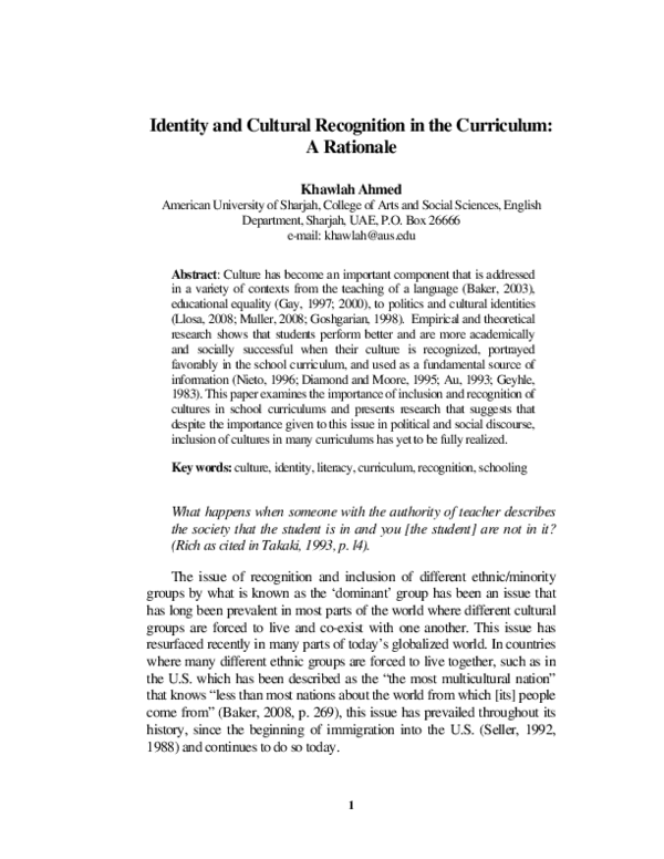(PDF) Identity and Cultural Recognition in the Curriculum: A Rationale