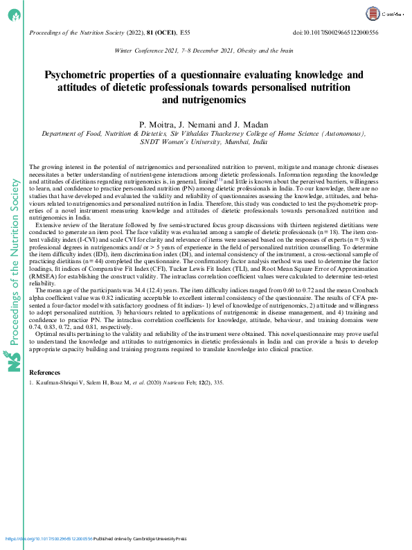 (PDF) Psychometric properties of a questionnaire evaluating knowledge ...