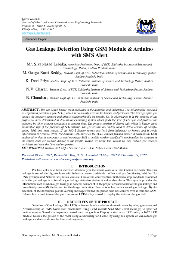 (PDF) Gas Leakage Detection Using GSM Module & Arduino with SMS Alert
