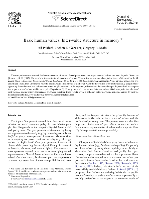 (PDF) Basic human values: Inter-value structure in memory