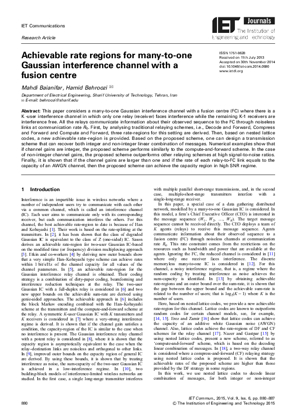 (PDF) Achievable rate regions for many-to-one Gaussian interference ...