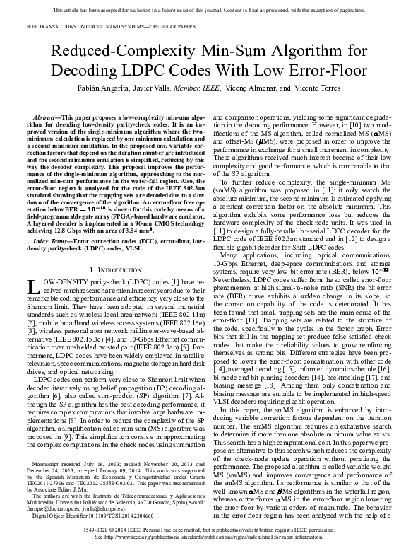 (PDF) Reduced-Complexity Min-Sum Algorithm for Decoding LDPC Codes With ...