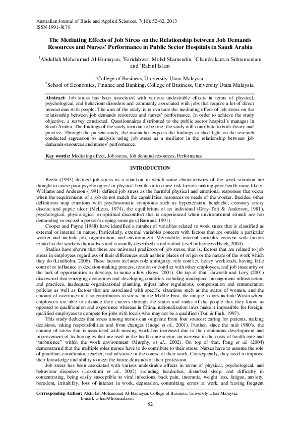 (PDF) The Mediating Effects of Job Stress on the Relationship between ...