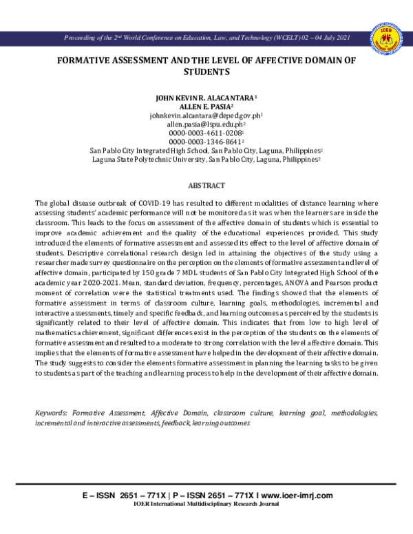 (PDF) Formative Assessment and the Level of Affective Domain of Students