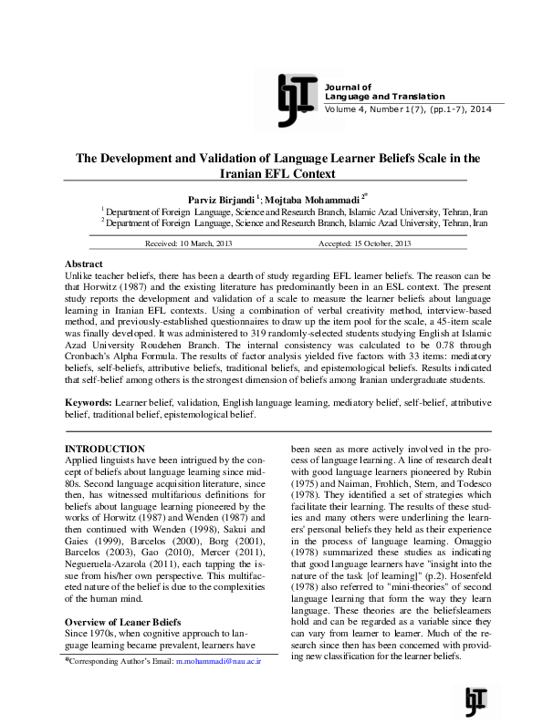(PDF) The Development and Validation of Language Learner Beliefs Scale ...