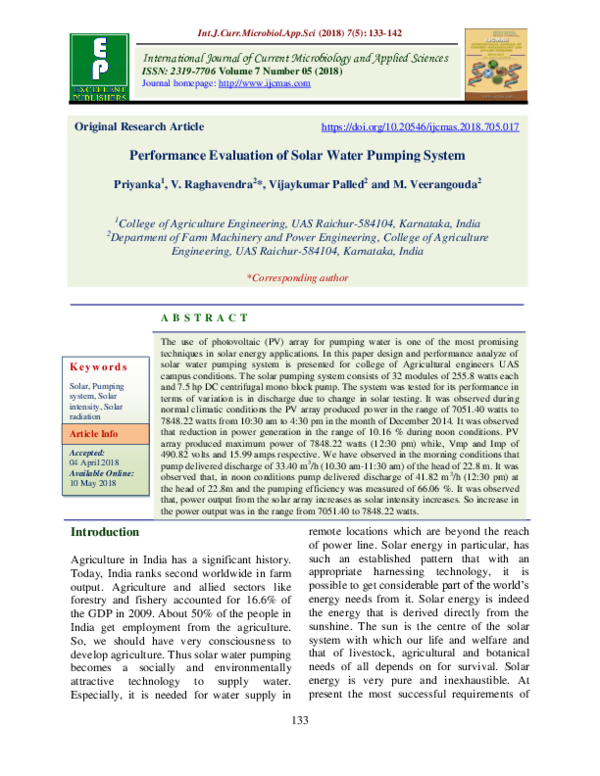 (PDF) Performance Evaluation of Solar Water Pumping System