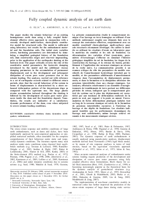 (PDF) Fully coupled dynamic analysis of an earth dam
