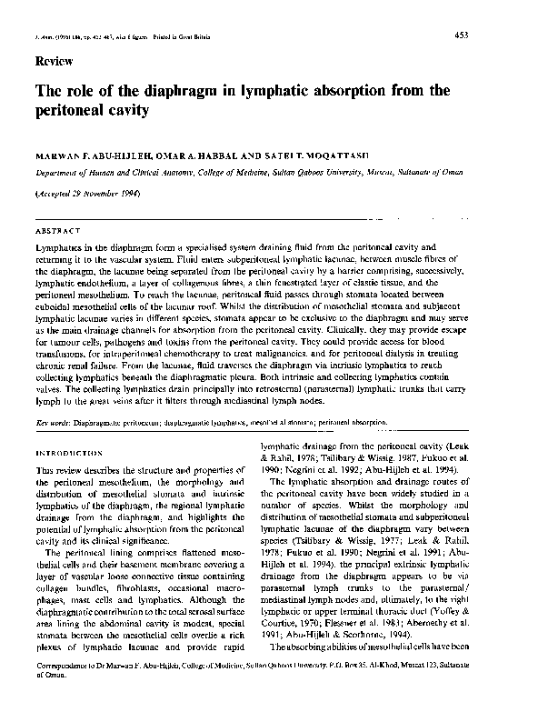 (PDF) The role of the diaphragm in lymphatic absorption from the