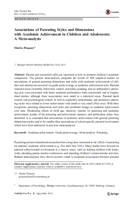 (PDF) Associations of Parenting Styles and Dimensions with Academic ...