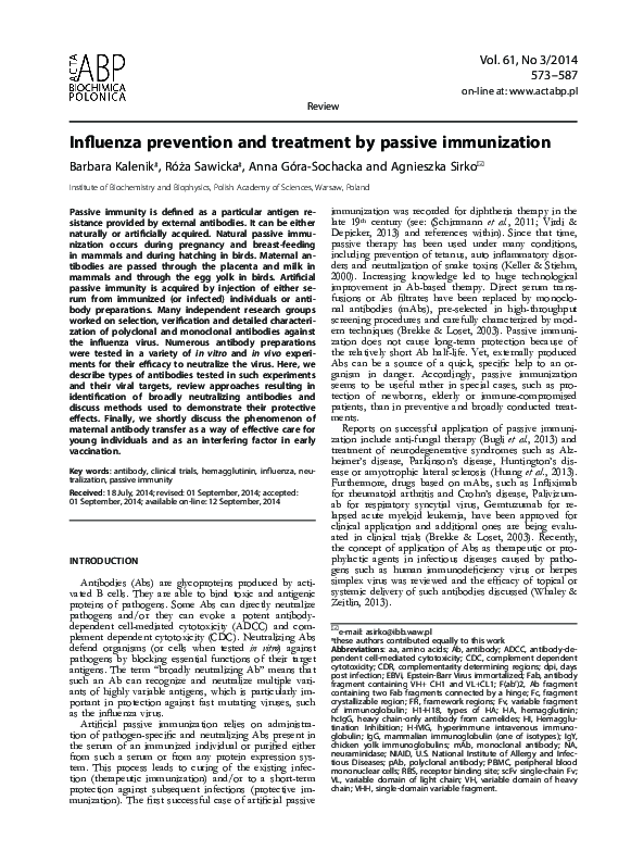 (PDF) Influenza prevention and treatment by passive immunization