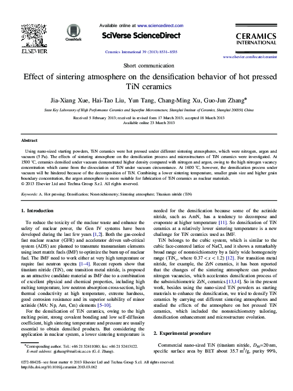 (PDF) Effect of sintering atmosphere on the densification of UO2 Gd2O3 ...