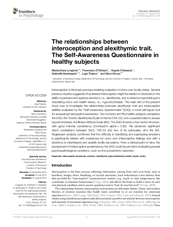 (PDF) The relationships between interoception and alexithymic trait ...