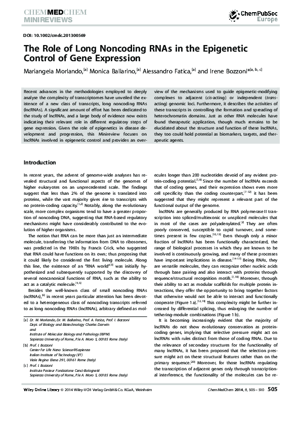 (PDF) The Role of Long Noncoding RNAs in the Epigenetic Control of Gene ...