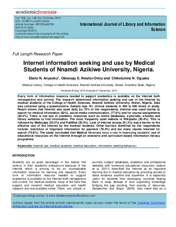 (PDF) Internet information seeking and use by Medical Students of ...