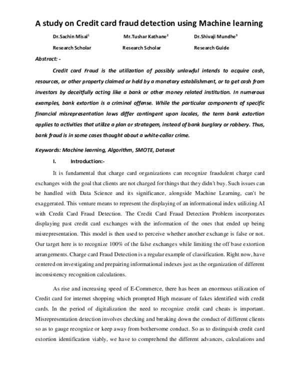 (PDF) A study on Credit card fraud detection using Machine learning