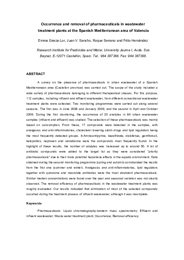 (PDF) Occurrence and removal of pharmaceuticals in wastewater treatment ...