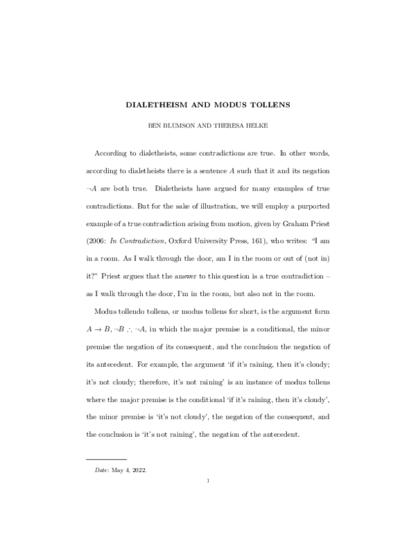 (PDF) Dialetheism and Modus Tollens