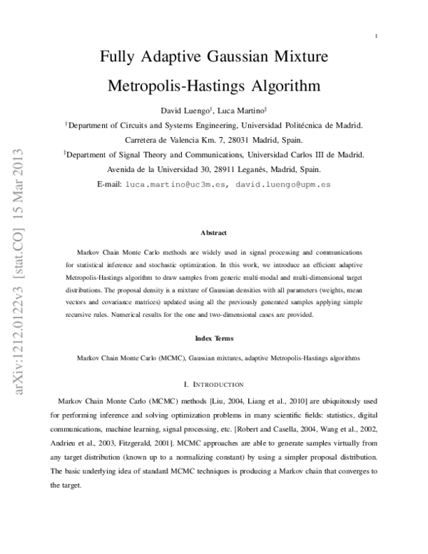 (PDF) Fully adaptive Gaussian mixture Metropolis-Hastings algorithm