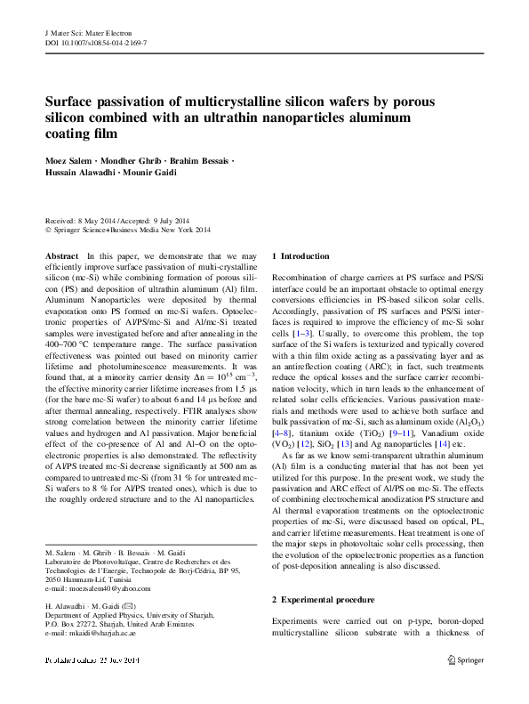 (PDF) Surface passivation of multicrystalline silicon wafers by porous ...