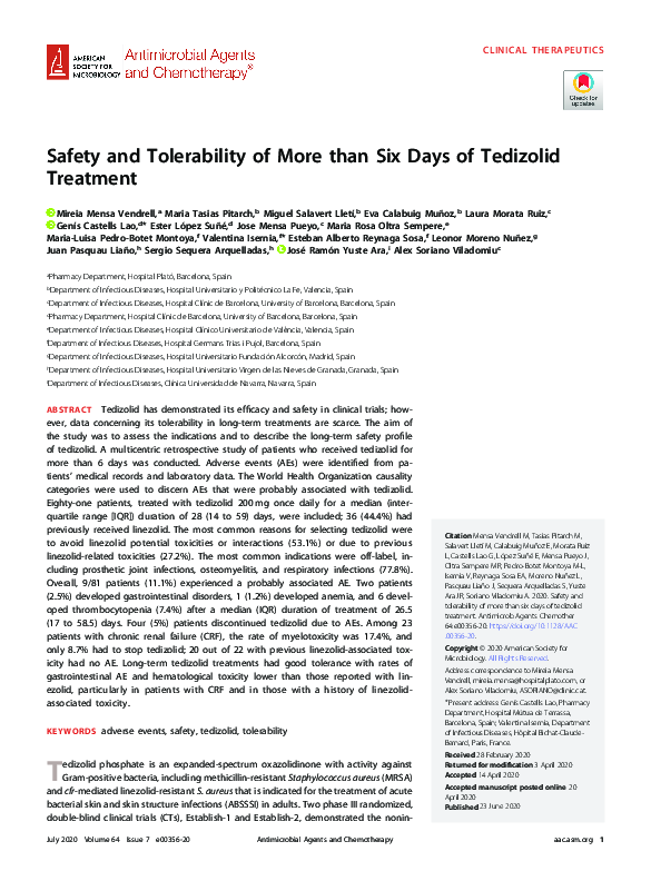 (PDF) Safety and tolerability of more than 6 days of tedizolid treatment