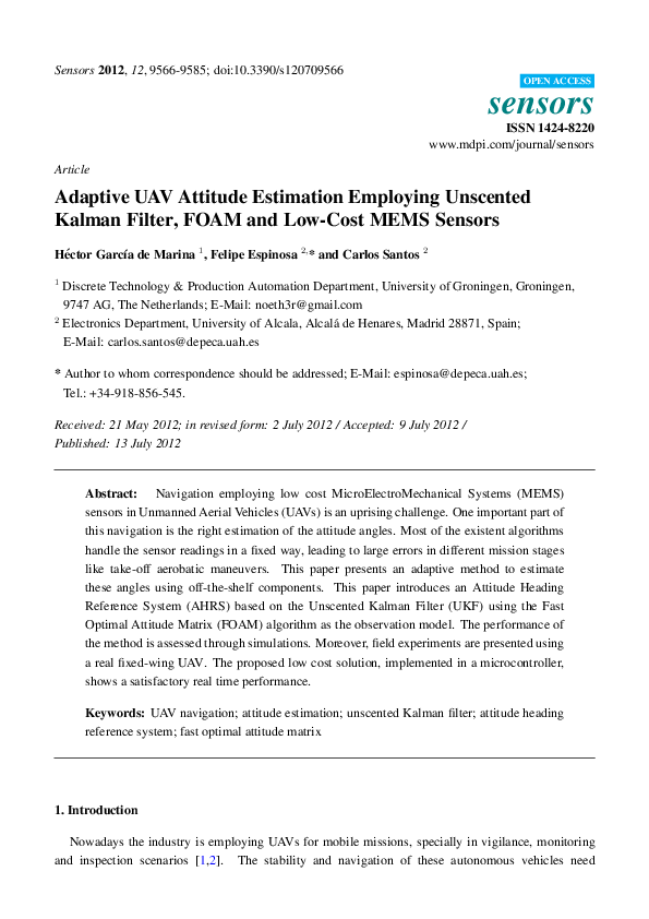 (PDF) Adaptive UAV Attitude Estimation Employing Unscented Kalman ...