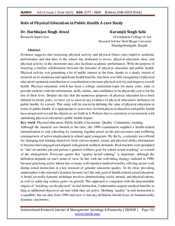 (PDF) Role of Physical Education in Public Health A case Study