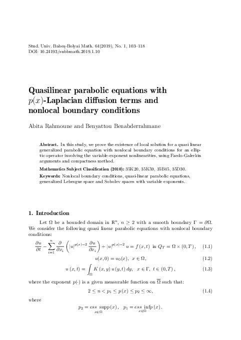 (PDF) Quasilinear parabolic equations with p(x)-Laplacian diffusion ...