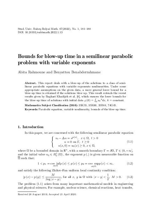 (PDF) Bounds for blow-up time in a semilinear parabolicproblem with ...