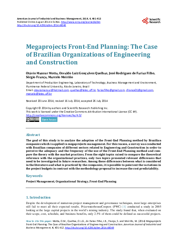 (PDF) Megaprojects Front-End Planning: The Case of Brazilian ...